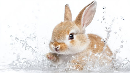 Adorable close-up of a baby rabbit with splashing water creating a dynamic and refreshing scene, on a white background.の素材