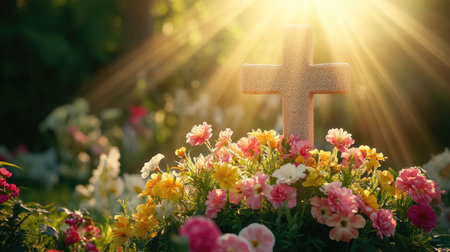 Cross symbol decorated with spring flowers and rays of sunlight, representing the spiritual essence of Easter.の素材