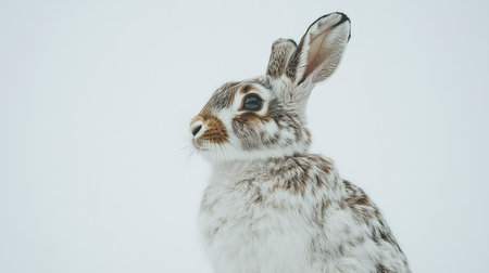Close-up of a spotted rabbit with a mix of brown and white fur, sitting calmly against a pure white background.の素材