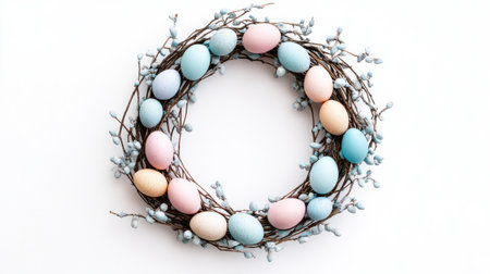 Decorative Easter wreath made of twigs and pastel eggs, isolated cleanly on a white background.の素材