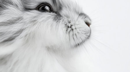 Cute close-up of a fluffy rabbit with a mix of gray and white fur, showcasing its adorable features on a clean white background.の素材