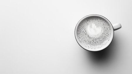 Minimalist line art of a cup of coffee with foam art, isolated on a plain white background.の素材