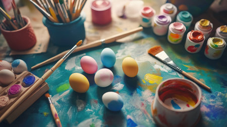 DIY Easter egg painting tools with brushes, paints, and plain eggs on a crafting table.の素材