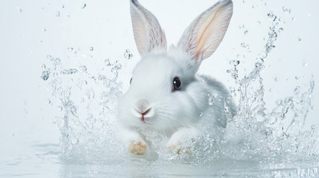 Minimalist close-up of a snow-white rabbit with splashes of clear water around its face, creating a crisp image on a white background.の素材