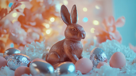 Chocolate Easter bunny surrounded by foil-wrapped eggs, on a table with a festive pastel theme.の素材