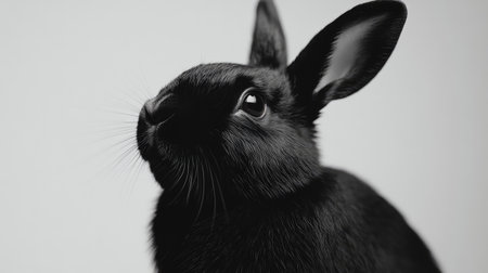 Detailed close-up of a black rabbit with glossy fur and alert ears, contrasting beautifully on a white background.の素材