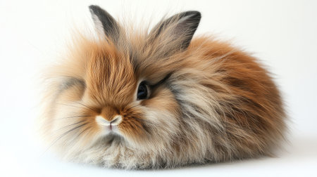 Close-up of a fluffy rabbit with soft brown fur, big ears, and delicate whiskers, isolated on a white background.の素材