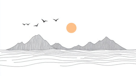 Minimalistic line art of a serene landscape with mountains, sun, and birds on a plain white background.の素材