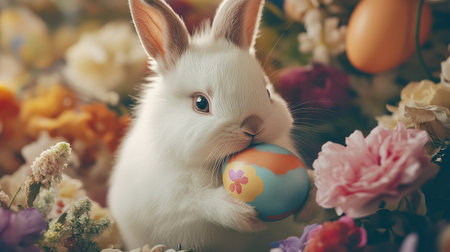 Close-up of a fluffy white Easter bunny holding a colorful egg in its paws, surrounded by floral accents.の素材