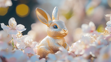 Artistic focus on a golden Easter bunny figurine surrounded by soft pastel tones and delicate spring blossoms.の素材