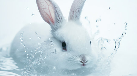 Minimalist close-up of a snow-white rabbit with splashes of clear water around its face, creating a crisp image on a white background.の素材