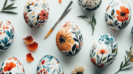 Hand-painted Easter eggs with intricate floral and geometric designs, displayed on a seamless white backdrop.の素材