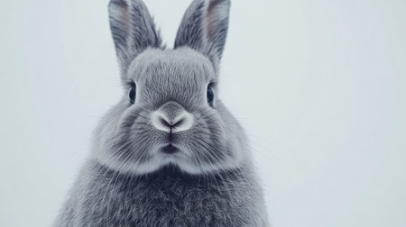 Close-up of a gray rabbit with a twitching nose and soft fur, looking straight at the camera on a white background.の素材