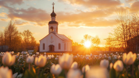 Sunrise over a church on Easter morning, with blooming flowers and a peaceful spring atmosphere.の素材