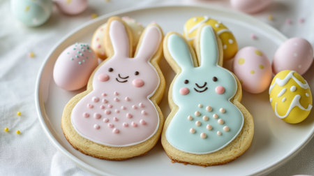 Bunny-shaped cookies decorated with icing, arranged neatly with pastel Easter eggs on a white plate.の素材
