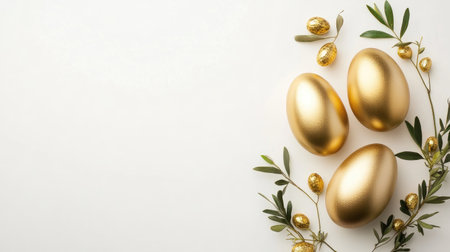 Minimalist design with golden Easter eggs and greenery sprigs, elegantly placed on a white background.の素材