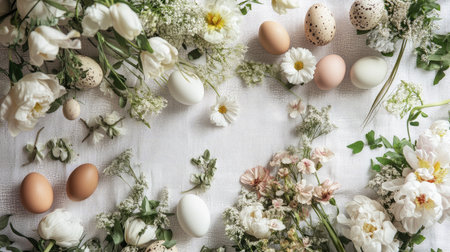 Artistic flat lay of Easter decorations including eggs, bunnies, and spring flowers on a white tablecloth.の素材