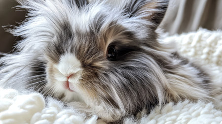 Cute close-up of a fluffy rabbit with a mix of gray and white fur, showcasing its adorable features on a clean white background.の素材
