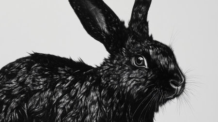 Detailed close-up of a black rabbit with glossy fur and alert ears, contrasting beautifully on a white background.の素材