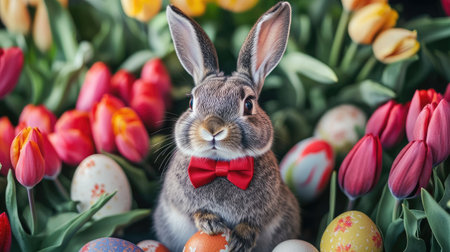 Easter bunny with a bow tie standing upright among blooming tulips and eggs, captured in vivid detail.の素材