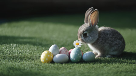 Cute lop-eared Easter bunny sniffing a daisy while sitting beside a pile of painted eggs on green grass.の素材