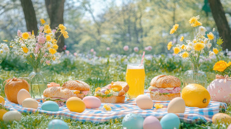 Easter picnic setup with colorful eggs, sandwiches, and lemonade on a checkered blanket in a park.の素材