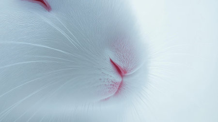 Minimalist close-up of a snow-white rabbit with a pink nose and delicate whiskers, on a simple white background.の素材