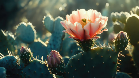A pink cactus flower in bloom, surrounded by its green spines, in natural sunlight.の素材