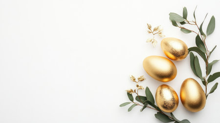 Minimalist design with golden Easter eggs and greenery sprigs, elegantly placed on a white background.の素材