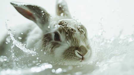 Close-up of a lop-eared rabbit with droplets of water falling around it, captured in motion on a clean white backdrop.の素材