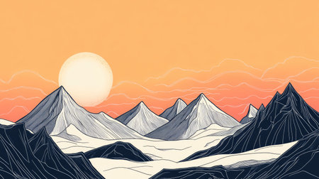 Clean and simple line art of a mountain range, symbolizing exploration and adventure.の素材