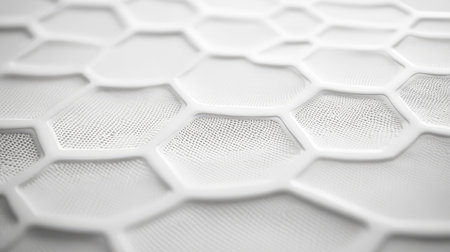 Geometric line background with a hexagonal grid pattern in light gray tones on a white canvas.の素材