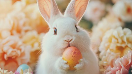 Close-up of a fluffy white Easter bunny holding a colorful egg in its paws, surrounded by floral accents.の素材