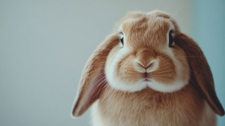 Cute close-up of a lop-eared rabbit with drooping ears and a gentle expression, isolated on a clean white surface.の素材