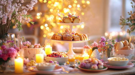 A family Easter dinner setup with traditional dishes, candles, and festive decorations on the table.の素材