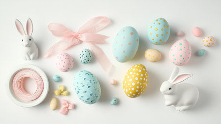 Flat lay of Easter-themed items including painted eggs, a bunny figurine, and ribbons, neatly arranged on white.の素材