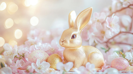 Artistic focus on a golden Easter bunny figurine surrounded by soft pastel tones and delicate spring blossoms.の素材