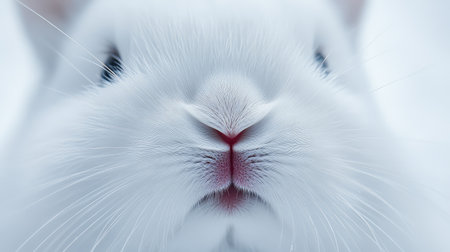 Minimalist close-up of a snow-white rabbit with a pink nose and delicate whiskers, on a simple white background.の素材