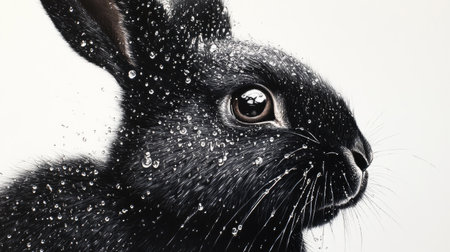 Detailed close-up of a black rabbit with shimmering water droplets on its fur, set against a bright white background.の素材