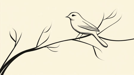 Minimalist line art of a bird perched on a branch, with simple and smooth lines.の素材