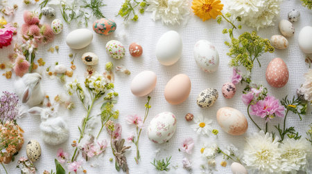 Artistic flat lay of Easter decorations including eggs, bunnies, and spring flowers on a white tablecloth.の素材