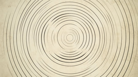 Clean line background with concentric circles radiating from a central point on a white background.の素材