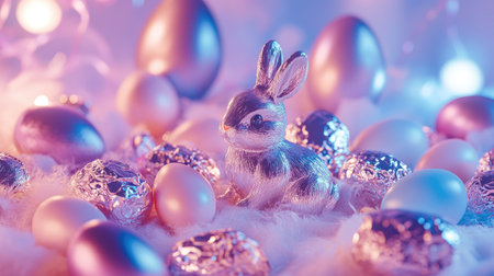 Chocolate Easter bunny surrounded by foil-wrapped eggs, on a table with a festive pastel theme.の素材