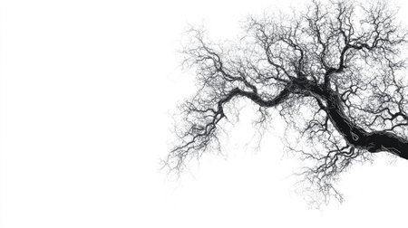 Abstract line art of a tree with intricate branch patterns, isolated on a clean white background.の素材