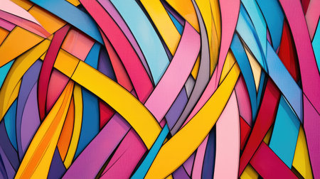 Dynamic background of intersecting colorful lines forming a layered, abstract design.の素材