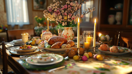 A family Easter dinner setup with traditional dishes, candles, and festive decorations on the table.の素材