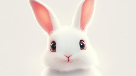 Adorable close-up of a white rabbit with pink-tinted ears and round, curious eyes, on a seamless white backdrop.の素材