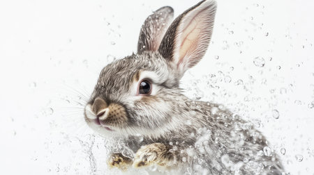 Close-up of a gray rabbit shaking off water, surrounded by splashing droplets, isolated on a seamless white background.の素材