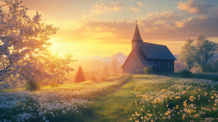 Sunrise over a church on Easter morning, with blooming flowers and a peaceful spring atmosphere.の素材