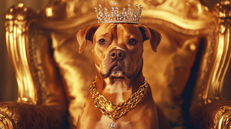 A dog with a jeweled crown and gold necklace sits on a golden chair, exuding a royal and luxurious vibe with soft lighting.の素材